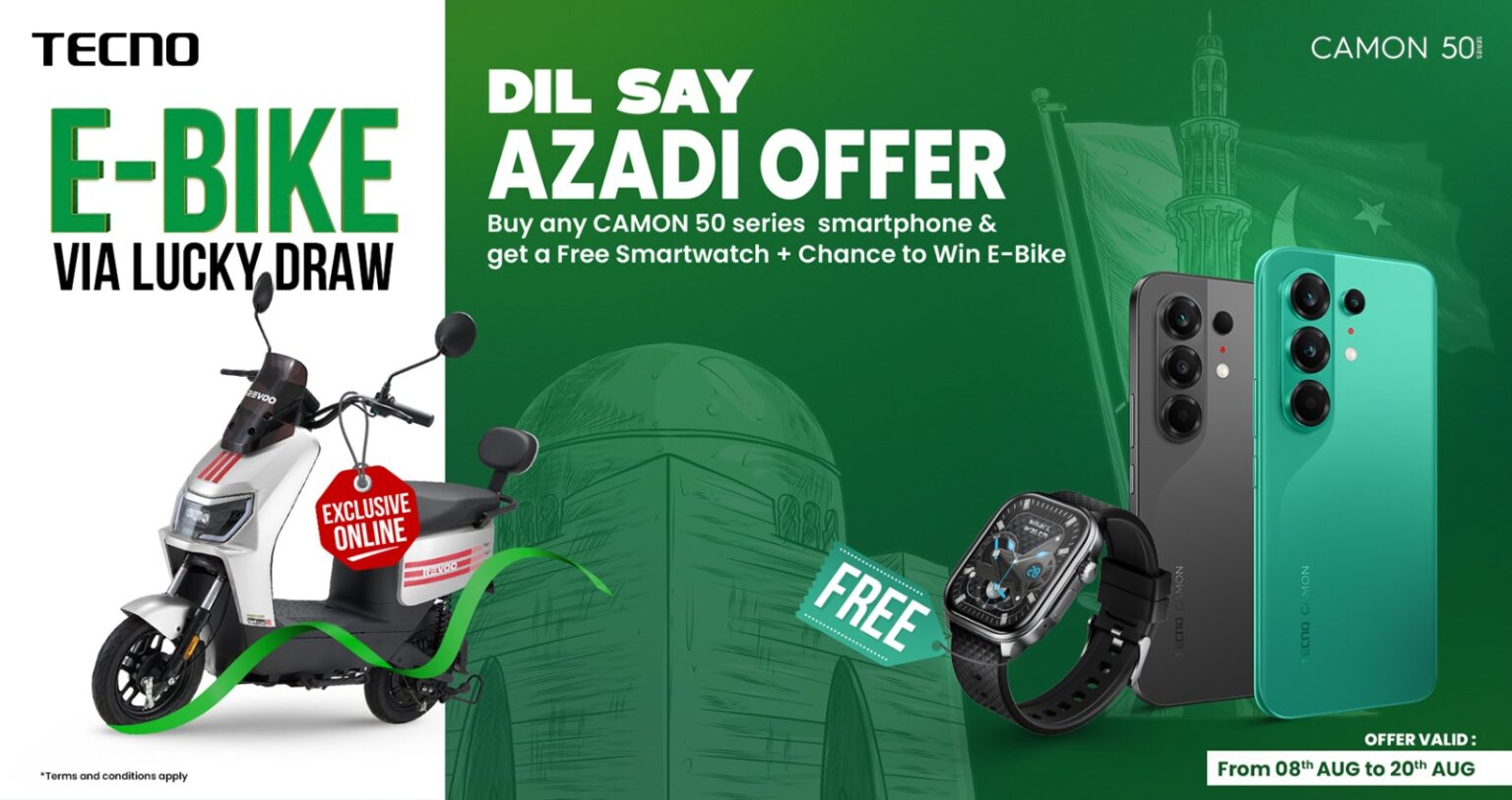 Celebrate Independence Day with TECNO: Get a Free Smartwatch Worth PKR 10,000 & Win a Revoo Y06 Electric Bike